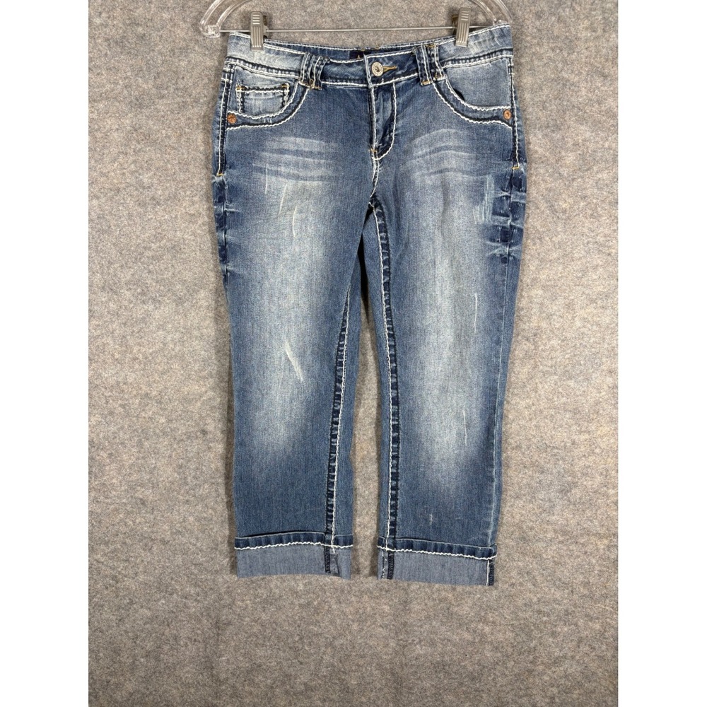 Angels Girls Denim Capri‎ Pants Blue Embroidered Stitch Detail Size 11